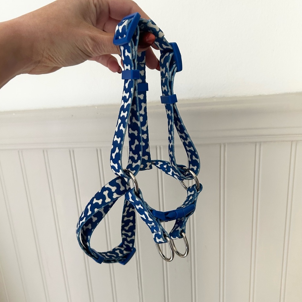 Blue Small Dog Harness with Bone Pattern